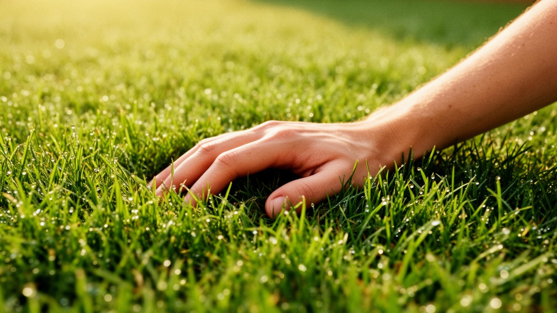 Hand resting in dewy grass